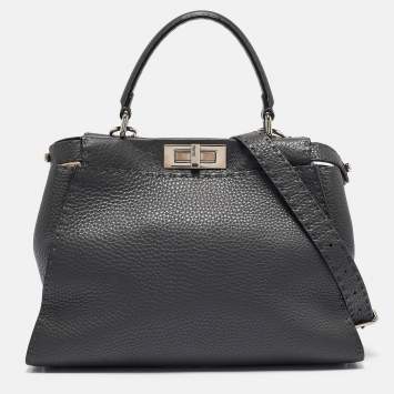 Pre Owned Fendi Dark Grey Leather Medium Peekaboo Top Handle Bag