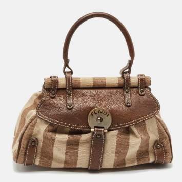 Pre Owned Fendi Brown/Beige Stripe Canvas and Leather Magic Top Handle Bag