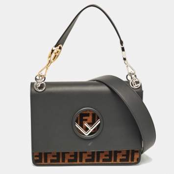 Pre Owned Fendi Black/Brown Zucca Leather and Velvet Kan I F Logo Top Handle Bag