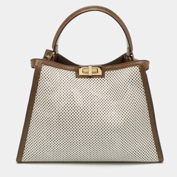 Pre Owned Fendi Khaki/White Perforated Leather Large X Lite Peekaboo Top Handle Bag