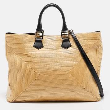 مملوكة مسبقًا Fendi Natural/Black Woven Straw Twins Shopper Tote