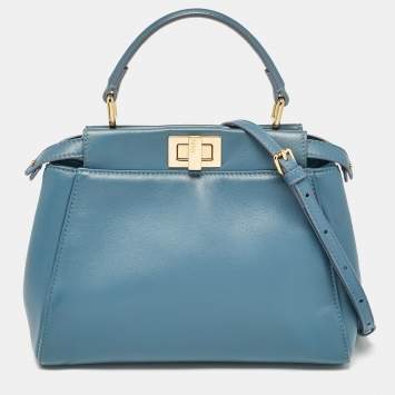 Pre Owned Fendi Blue Leather Mini Peekaboo Top Handle Bag