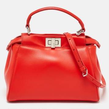Pre Owned Fendi Orange Leather Mini Peekaboo Top Handle Bag