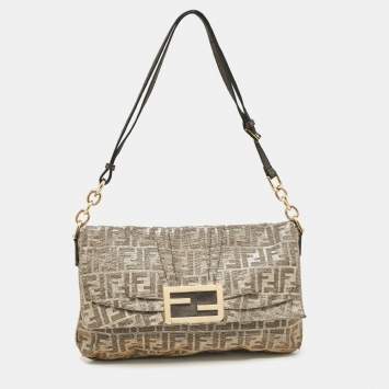 Pre Owned Fendi Metallic Zucca Lurex Fabric Large Mia Flap Shoulder Bag