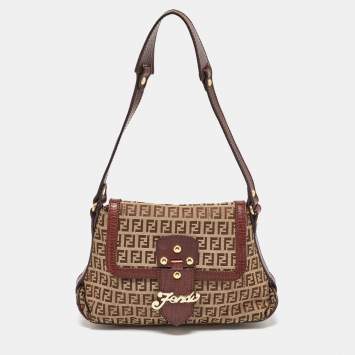Pre Owned Fendi Brown/Beige Zucchino Canvas and Leather Flap Shoulder Bag