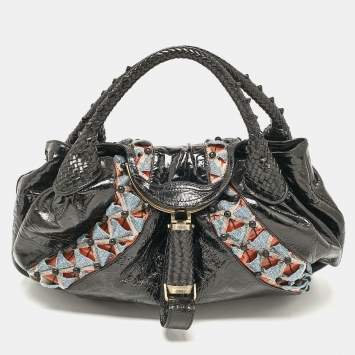 Pre Owned Fendi Black Patent Leather Beads Embellished Spy Hobo