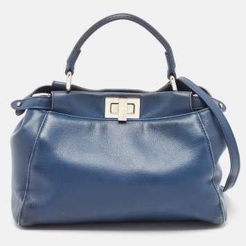 Pre Owned Fendi Navy Blue Leather Mini Peekaboo Top Handle Bag