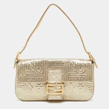 Pre Owned Fendi Gold Logo Embossed Fabric Baguette Flap Bag