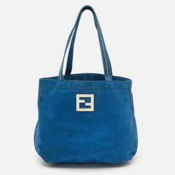 Pre Owned Fendi Metallic Blue Nubuck Leather FF Tote