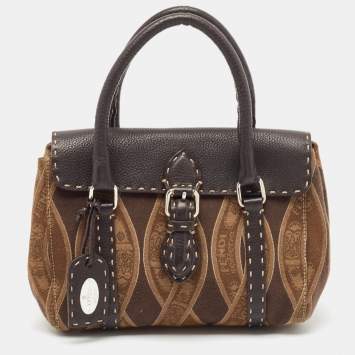 Pre Owned Fendi Brown/Beige Logo Fabric and Selleria Leather Linda Satchel