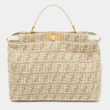 Pre Owned Fendi Beige/White Zucca Fabric and Leather Large Selleria Peekaboo Top Handle Bag