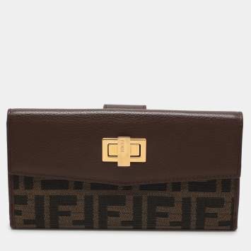 Pre Owned Fendi Tobacco Zucca Canvas and Leather Turnlock Flap Continental Wallet