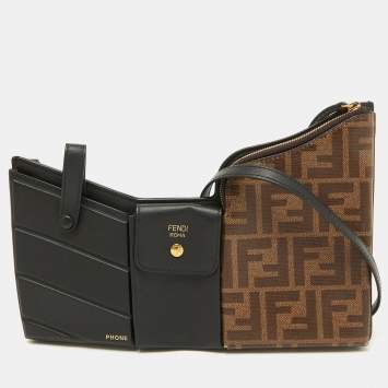 Pre Owned Fendi Black/Tobacco Zucca Coated Canvas and Leather Business 3 Pocket Crossbody Bag
