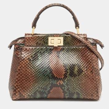 Pre Owned Fendi Brown/Green Python Mini Peekaboo Top Handle Bag