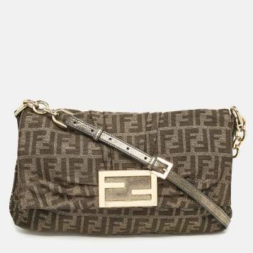 Pre Owned Fendi Brown Zucca Fabric Large Mia Flap Shoulder Bag