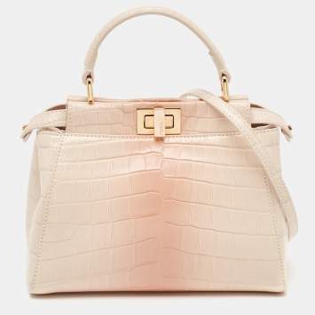 Pre Owned Fendi Shiny Beige Crocodile Mini Peekaboo Top Handle Bag