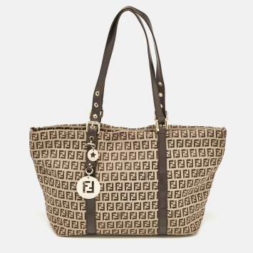 Pre Owned Fendi Dark Brown/Beige Zucchino Canvas Superstar Shopping Tote