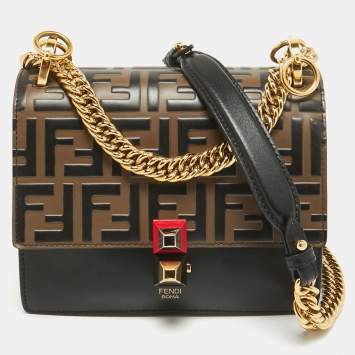 Pre Owned Fendi Brown/Black FF Leather Mini Kan I Shoulder Bag