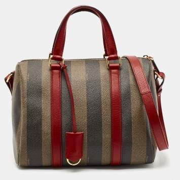 Pre Owned Fendi Tobacco Pequin Striped Coated Canvas and Leather Boston Bag