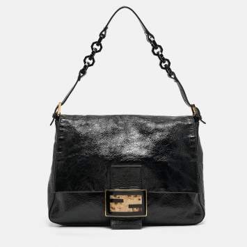 مملوكة مسبقًا Fendi Black Crinkled Patent Leather Mama Baguette Shoulder Bag