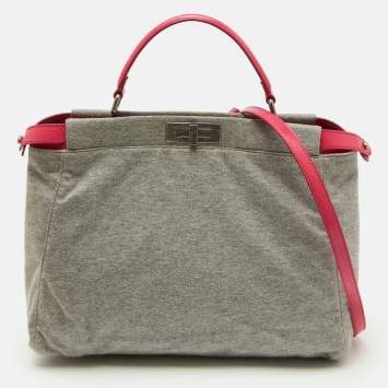 Pre Owned Fendi Grey/Pink Jersey and Leather Large Limited Edition Peekaboo Top Handle Bag