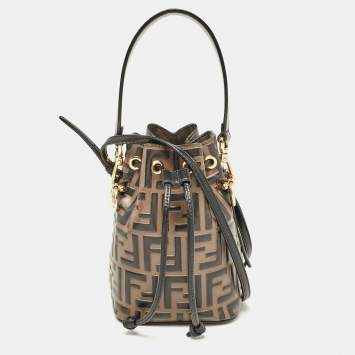 Pre Owned Fendi Brown/Black Zucca Leather Mini Mon Tresor Drawstring Bucket Bag