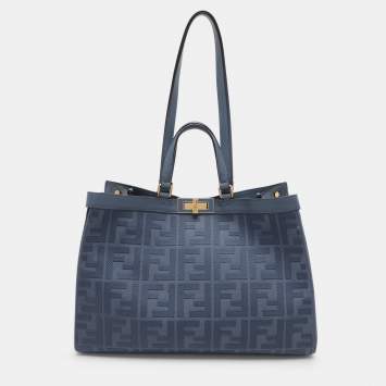 Pre Owned Fendi Blue Zucca Canvas and Leather Medium FF Peekaboo X Tote