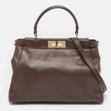 Pre Owned Fendi Dark Brown Leather Medium Peekaboo Top Handle Bag