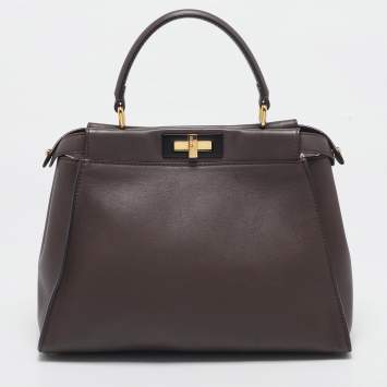 Pre Owned Fendi Dark Brown Leather Medium Peekaboo Top Handle Bag
