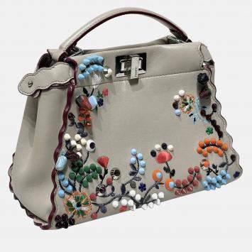 Pre Owned Fendi Grigio Polvere Nappa Embroidered Flower Scalloped Mini Peekaboo Iconic Satchel Bag
