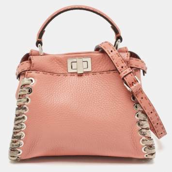 Pre Owned Fendi Old Rose Leather and Snakeskin Leather Mini Whipstitch Peekaboo Top Handle Bag
