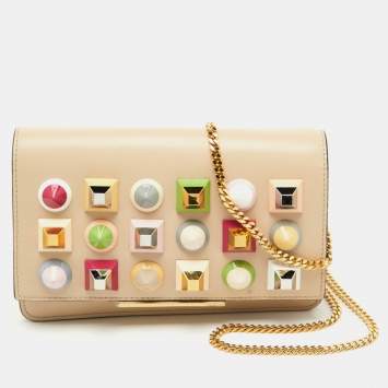 Fendi Beige Leather Studded Flap Wallet on Chain 