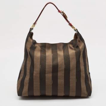Pre Owned Fendi Tobacco/Red Pequin Stripe Canvas and Leather Hobo