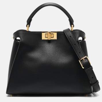 Pre Owned Fendi Black Leather Peekaboo Iconic Essentially Top Handle Bag