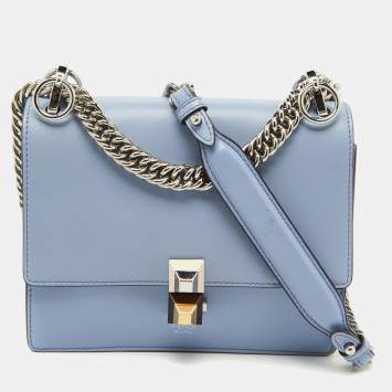 Pre Owned Fendi Light Blue Leather Small Kan I Flap Shoulder Bag