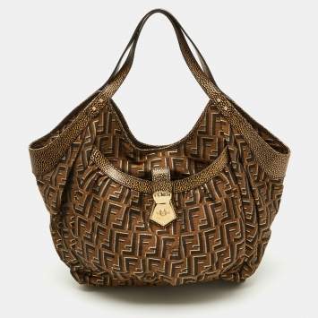 Pre Owned Fendi Tobacco Zucca Canvas and Textured Leather Chef Tote