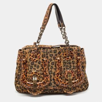 Pre Owned Fendi Brown Leopard Print Fabric and Patent Leather Trim B Bag