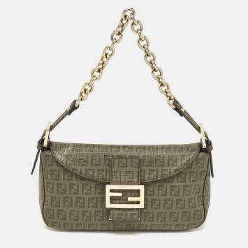 Pre Owned Fendi Green Zucchino Coated Canvas Forever Baguette Bag
