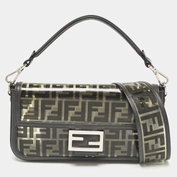 Pre Owned Fendi Black Zucca Embossed PVC and Leather Medium Baguette Bag