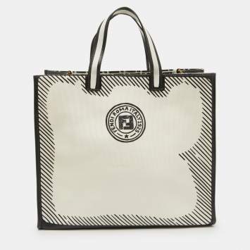 Pre Owned Fendi x Joshua Vides White/Black Coated Canvas Stamp Patch Shopping Tote