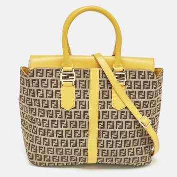 Pre Owned Fendi Yellow/Beige Zucchino Fabric and Leather Tote
