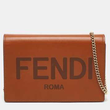 Pre Owned Fendi Brown Leather Logo Embossed Wallet On Chain