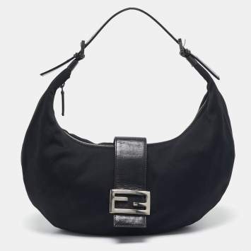 Pre Owned Fendi Black Fabric and Leather FF Half Moon Hobo