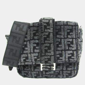 Pre Owned Fendi Black Mouton/Leather Baguette Messenger Bag