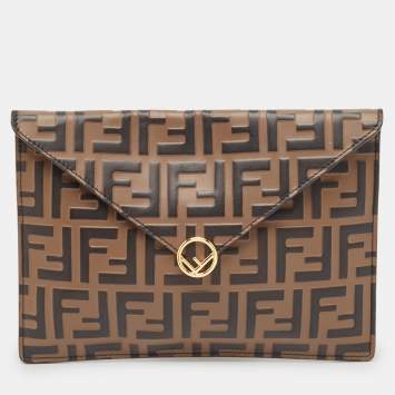 Pre Owned Fendi Brown FF Leather Envelope Flat Pouch