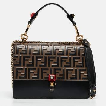 Pre Owned Fendi Black/Brown FF Leather Medium Kan I Shoulder Bag