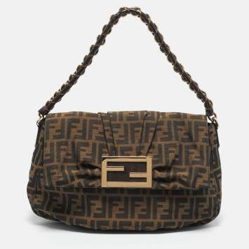 Pre Owned Fendi Tobacco Zucca Canvas and Patent Leather Mia Flap Bag