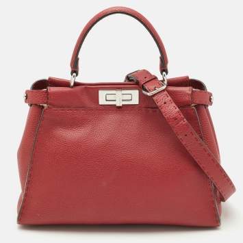 Pre Owned Fendi Red Selleria Leather Regular Peekaboo Top Handle Bag