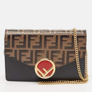 Pre Owned Fendi Brown/Black FF Leather F is Fendi Wallet On Chain