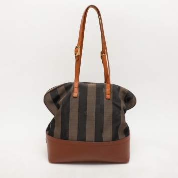 Pre Owned Fendi Pequin Tobacco Canvas and Leather 2Bag Satchel
